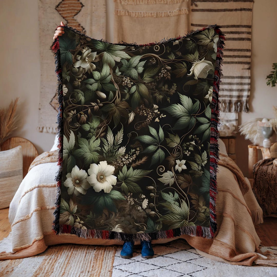 Botanical Woven Throw Blanket: Dark Academia Vintage Green Decor - Etsy