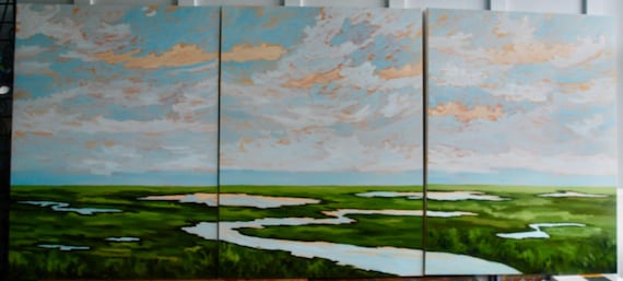 Commission - Nelson/Provence - Marsh Oil Painting Landscape Triptych of the Low Country by Rebecca Croft Studios