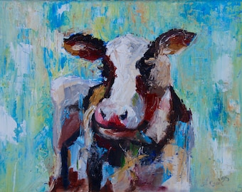 Mixed Media Cow Painting Abstract Modern Impressionist Fine Art Home Decor Palette Knife - Certificate of Authenticity Included