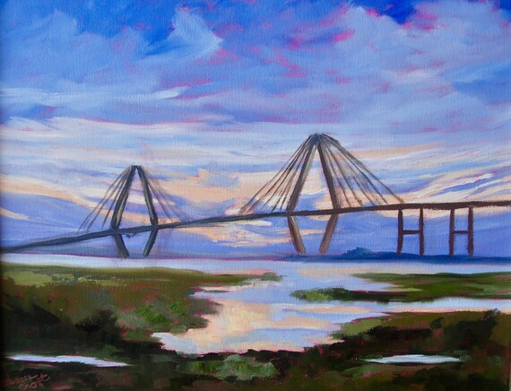 Framed Giclee -  30x40 Ravenel Bridge Charleston South Carolina Gallery Wrapped Canvas of Original Painting by Rebecca Croft Studios