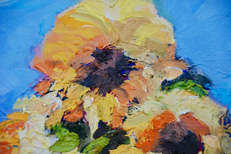 Palette Knife Textured Sunflower Floral Still Life Oil Painting, Modern ...