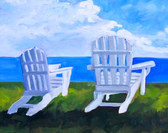 PRINT - Many Sizes - of Adirondack Chairs Painting from Original Impressionist Oil Painting by Rebecca Croft