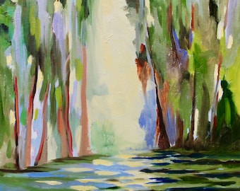 May include: A painting of a swamp scene with tall trees and a still body of water. The trees are painted in shades of green, blue, and brown, and the water is a deep blue with reflections of light.