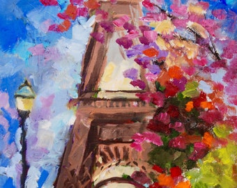 PRINT MANY SIZES - Whimsical Eiffel Tower in Spring Print from Original Oil Painting by Rebecca Croft