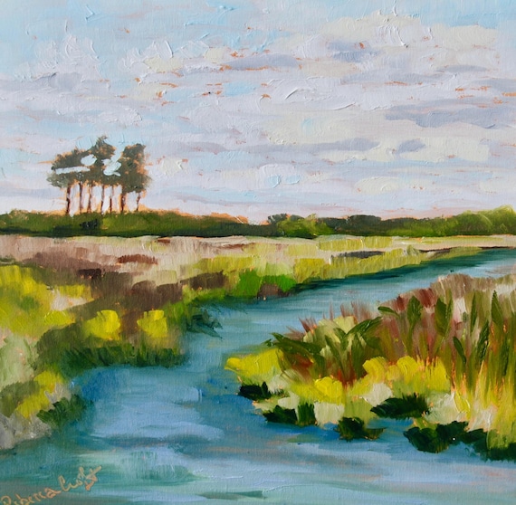 Coastal Marsh Plein Air Oil Landscape Painting Modern Impressionist Oil Painting by Rebecca Croft Studios