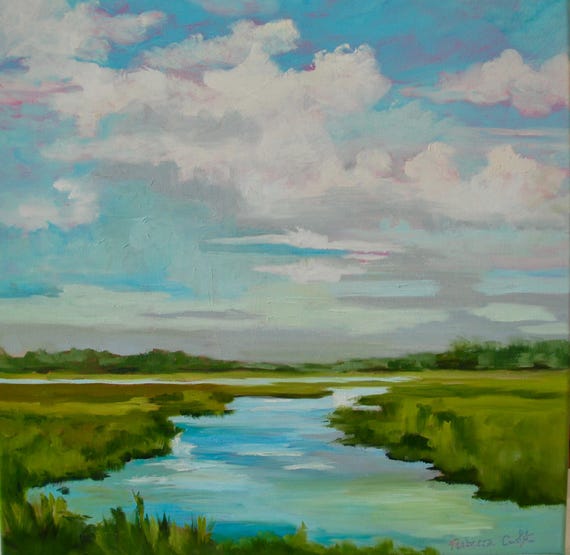 Low Country Marsh Impressionist Original Oil Landscape Painting by Rebecca Croft Studios