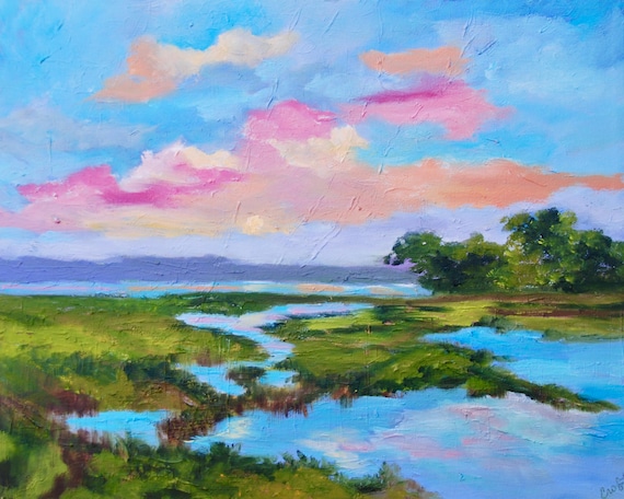 Framed GICLEE 30x 40 from Original Low Country Impressionist Marsh Oil Landscape Painting by Rebecca Croft Studios
