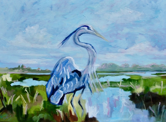 Heron Oil Painting South Carolina Sunset Landscape Painting Modern Impressionist Painting by Rebecca Croft Studios