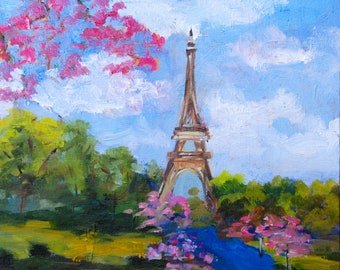 PRINT MANY SIZES - Whimsical Eiffel Tower in Spring Print from Original Oil Painting by Rebecca Croft