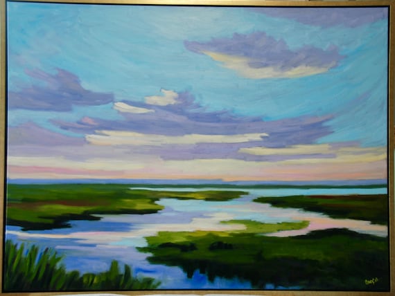 30 x 40 LARGE Marsh Modern Impressionist South Carolina Low Country Landscape Oil Painting By Rebecca Croft Studios