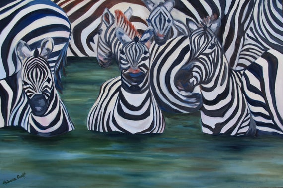 LARGE - 24 x 36 Zebra Animal Painting Wall Art, Home, Office, Nursery Decor Original Oil Painting African Landscape by Rebecca Croft Studios