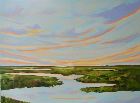 36 x 48 LARGE Marsh Modern Impressionist South Carolina Kiawah Island Low Country Landscape Oil Painting By Rebecca Croft Studios