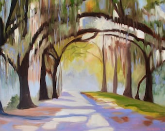 May include: An oil painting depicts a tree-lined path with dappled sunlight. The trees, with their dark trunks and arching branches, create a natural tunnel. The path is painted in shades of white, purple, and brown, with green grass on the right.