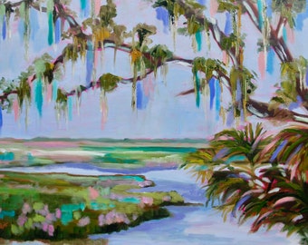 Beaufort South Carolina Spanish Moss Impressionist Palette Knife Original Oil Landscape Painting by Rebecca Croft Studios