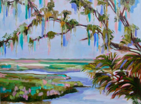 Beaufort South Carolina Spanish Moss Impressionist Palette Knife Original Oil Landscape Painting by Rebecca Croft Studios
