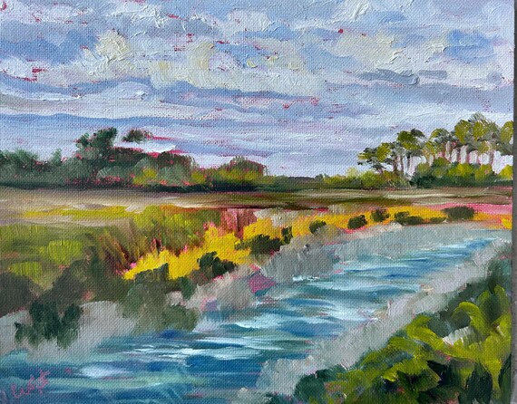 8 x 10 Coastal Marsh Plein Air Oil Landscape Painting Modern Impressionist Oil Painting by Rebecca Croft Studios
