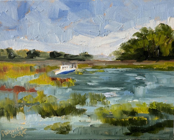 Coastal Marsh Plein Air Oil Landscape Painting Modern Impressionist Oil Painting by Rebecca Croft Studios