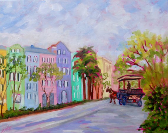 PRINT - Many Sizes - Framed or Unframed - of Rainbow Row Charleston SC Painting from Original Impressionist Oil Painting by Rebecca Croft