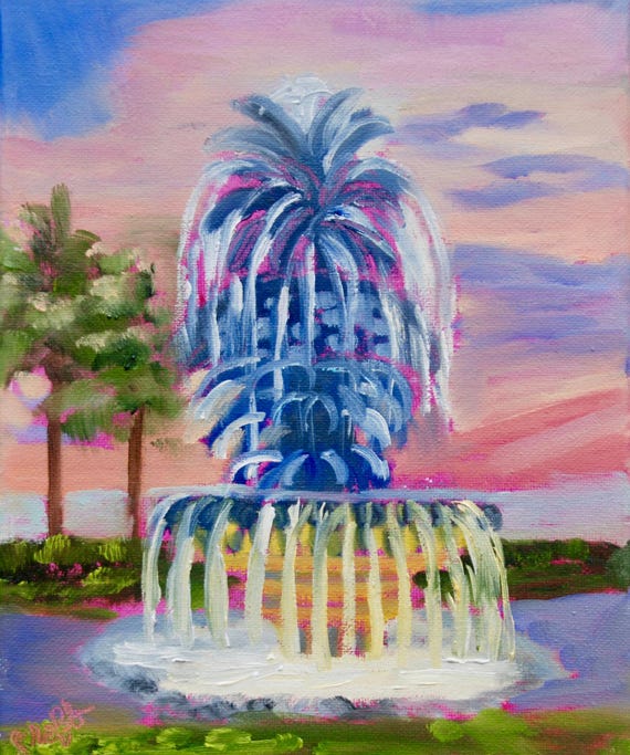PRINT - Many Sizes - Framed or Unframed - of Pineapple Fountain Charleston SC Painting from Original Oil Painting by Rebecca Croft