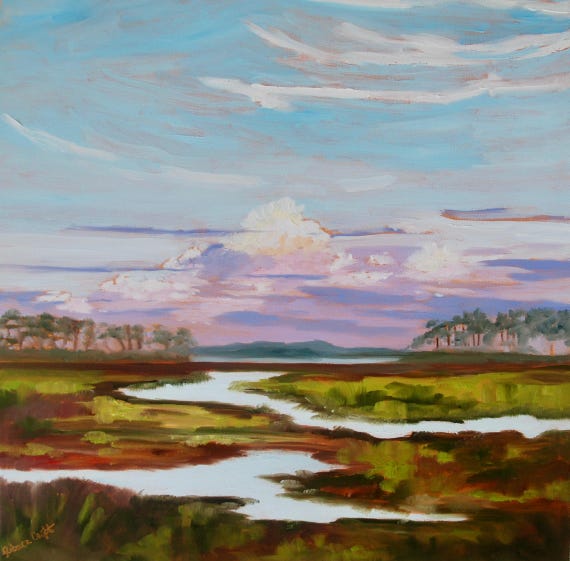 20 x 20 Original Fine Art Marsh Low Country South Carolina Impressionist Landscape Oil Painting by Rebecca Croft Studios