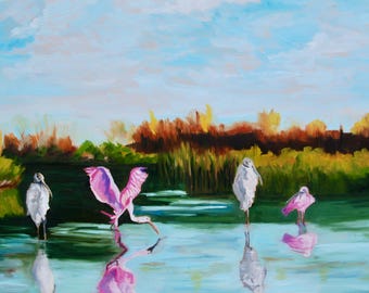 24 x 36 Large Palette Knife Impasto Low Country Marsh Birds Landscape by Rebecca Croft Studios
