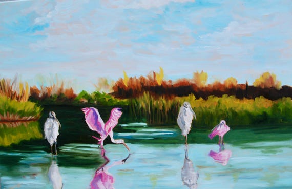 24 x 36 Large Palette Knife Impasto Low Country Marsh Birds Landscape by Rebecca Croft Studios