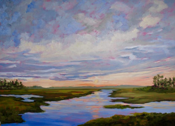 Framed GICLEE Marsh Modern South Carolina Kiawah Island Low Country Landscape Oil Painting By Rebecca Croft Studios