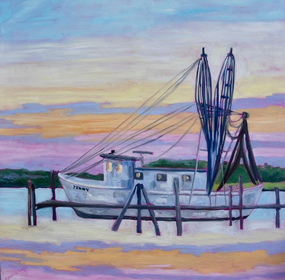 Shrimp Boat Low Country Charleston Kiawah SC Impressionist Original Oil Landscape Painting by Rebecca Croft Studios