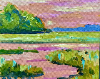 6 x 6 Charleston SC Low Country Modern Impressionist Oil Landscape Textured Impasto Painting by Rebecca Croft Studios
