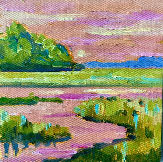 6 x 6 Charleston SC Low Country Modern Impressionist Oil Landscape Textured Impasto Painting by Rebecca Croft Studios