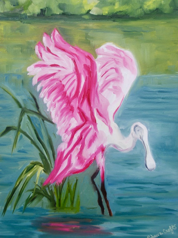 12 x 16 Roseate Spoonbill Low Country Bird Charleston SC Modern Impressionist Oil Painting by Rebecca Croft Studios