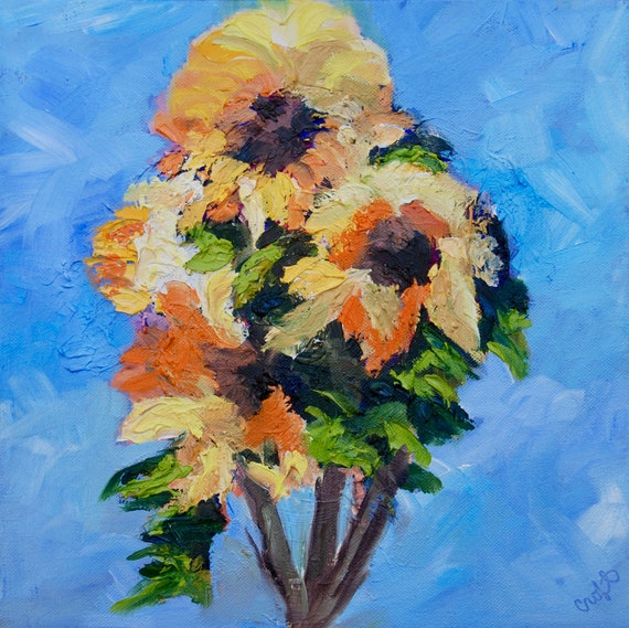 Palette Knife Textured Sunflower Floral Still Life Modern Impressionist Oil Painting by Rebecca Croft Studios