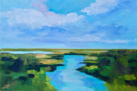 Framed GICLEE Marsh Modern South Carolina Kiawah Island Low Country Landscape Oil Painting By Rebecca Croft Studios