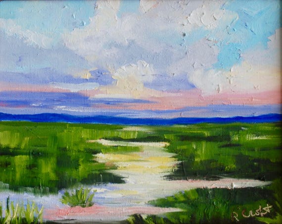 8 x 10 Coastal Marsh Plein Air Oil Landscape Painting Modern Impressionist Oil Painting by Rebecca Croft Studios