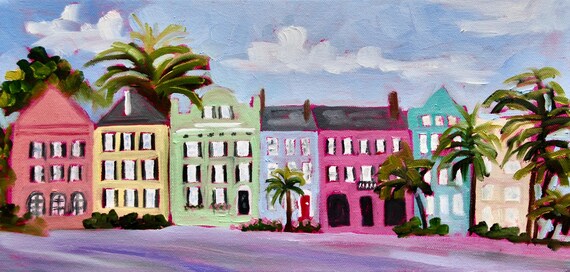 PRINT - Many Sizes - Framed or Unframed - of Rainbow Row Charleston SC Painting from Original Impressionist Oil Painting by Rebecca Croft