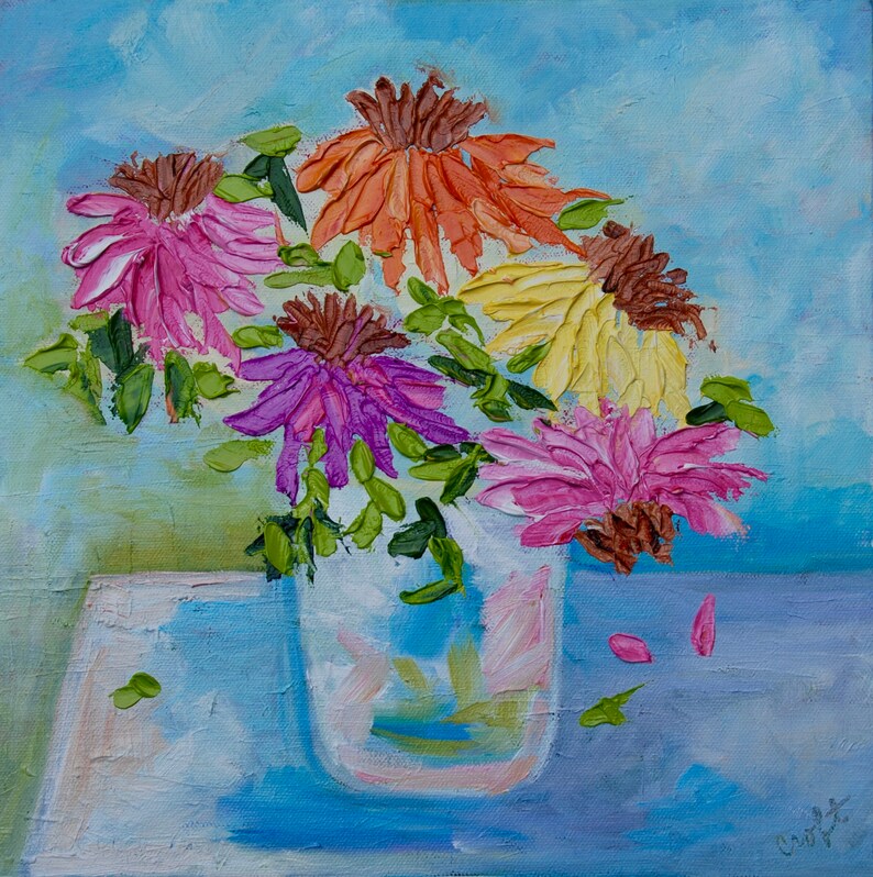 Spring Flowers Modern Impressionist Palette Knife Original Oil Still Life Painting By Rebecca Croft - 