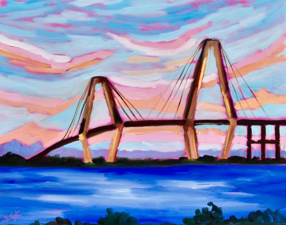 Ravenel Bridge Home Decor Wall Art Modern Impressionist Fine Art Original Oil Charleston South Carolina Island Landscape by Rebecca Croft