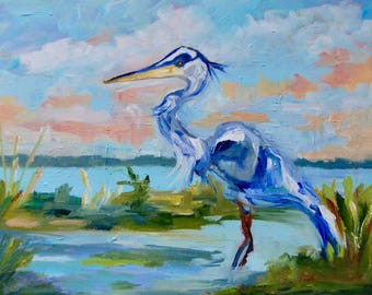 Giclee - Many Sizes - Frame Options - Marsh Bird of Original Modern Impressionist Oil Painting by Rebecca Croft Studios