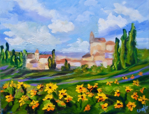 Italian Village Sunflower Fields Wall Art Home Decor Modern Impressionist Palette Knife Original Oil Painting by Rebecca Croft Studios