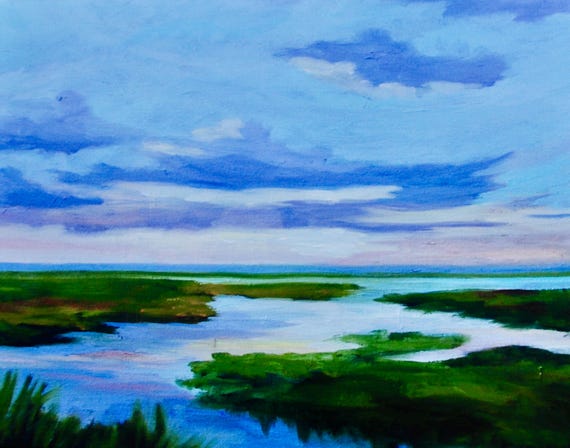 Framed GICLEE Marsh Modern South Carolina Kiawah Island Low Country Landscape Oil Painting By Rebecca Croft Studios