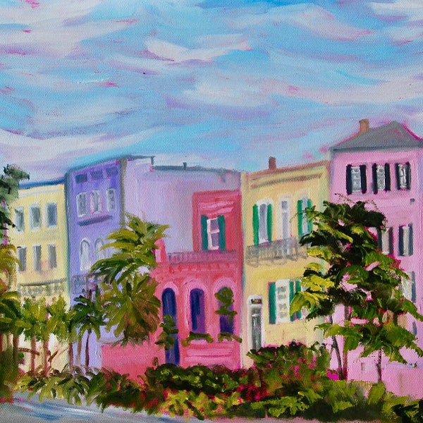 Print of Rainbow Row Charleston South Carolina Landscape Oil Painting by Rebecca Croft