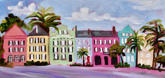 Giclee - Many Sizes - Frame Options - Rainbow Row Charleston SC of Original Modern Impressionist Oil Painting by Rebecca Croft Studios