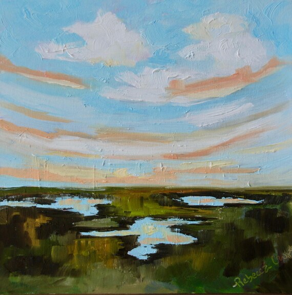 10 x 10 FramedCharleston Marsh Original Oil Painting by Rebecca Croft Studios Low Country Landscape Art