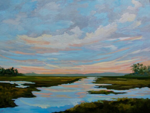 Framed GICLEE Marsh Modern South Carolina Kiawah Island Low Country Landscape Oil Painting By Rebecca Croft Studios