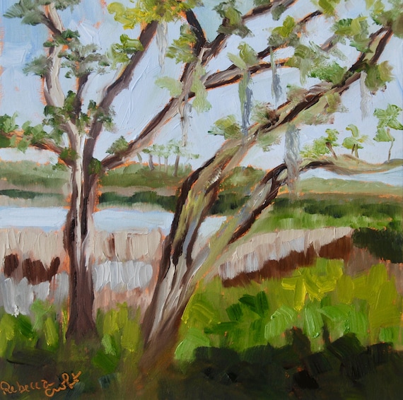 Coastal Marsh Plein Air Oil Landscape Painting Modern Impressionist Oil Painting by Rebecca Croft Studios