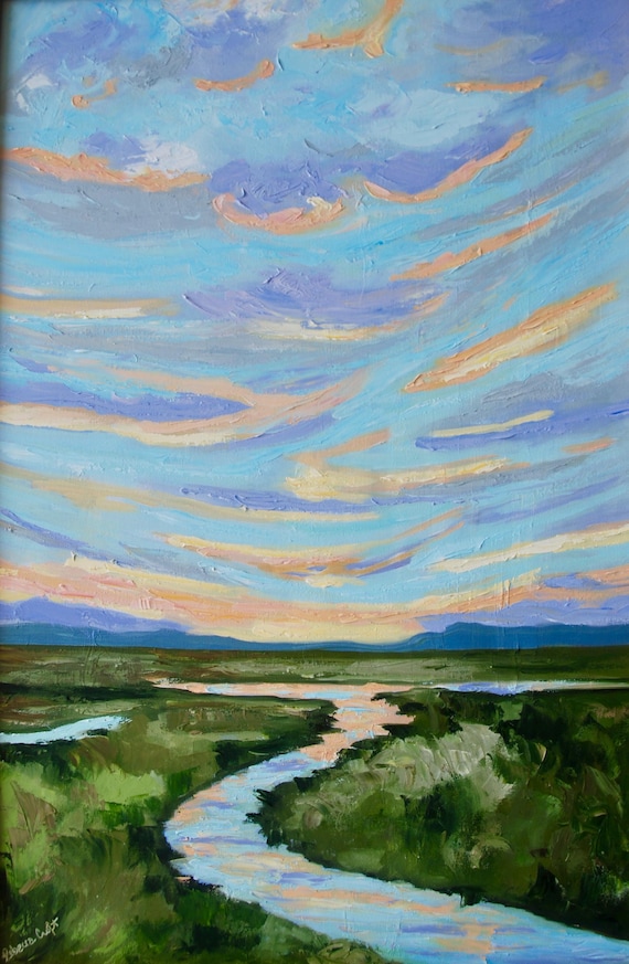 Large 20 x 30 Palette Knife Impasto Low Country Marsh Textured Landscape by Rebecca Croft Studios
