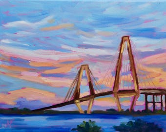 Giclee - Many Sizes - Frame Options - Ravenel Bridge Charleston SC of Original Modern Impressionist Oil Painting by Rebecca Croft Studios
