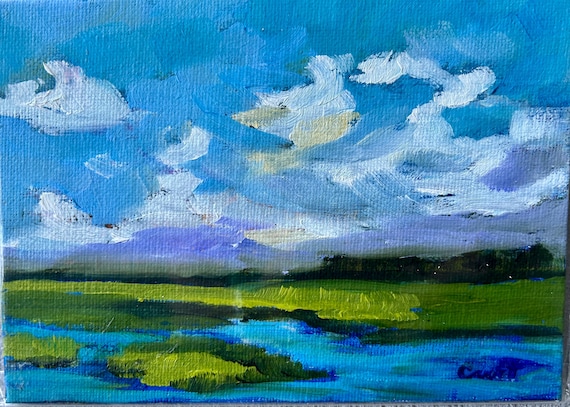 5 x 7 Coastal Marsh Plein Air Oil Landscape Painting Modern Impressionist Oil Painting by Rebecca Croft Studios