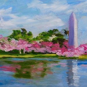 PRINT - Many Sizes - Washington Monument with Cherry Blossoms from Original Modern Impressionist Oil Painting by Rebecca Croft Studios