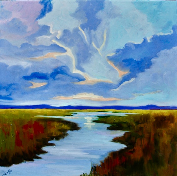 Square 20 x 20 South Carolina Kiawah Island Modern Impressionist Marsh Oil Landscape Painting by Rebecca Croft Studios